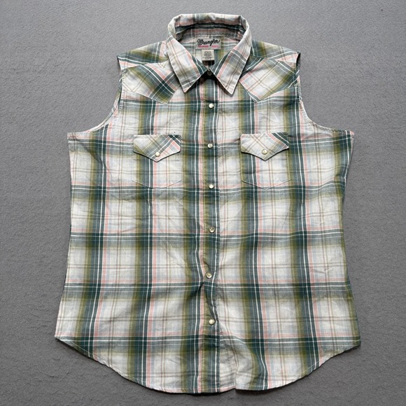 Wrangler Tops - Wrangler Wrancher Shirt Women's Medium Green Plaid Pearl Snap Sleeveless Classic